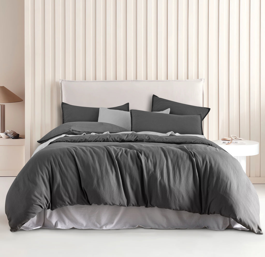 Vintage Washed Microfibre Quilt Cover Set - Grey