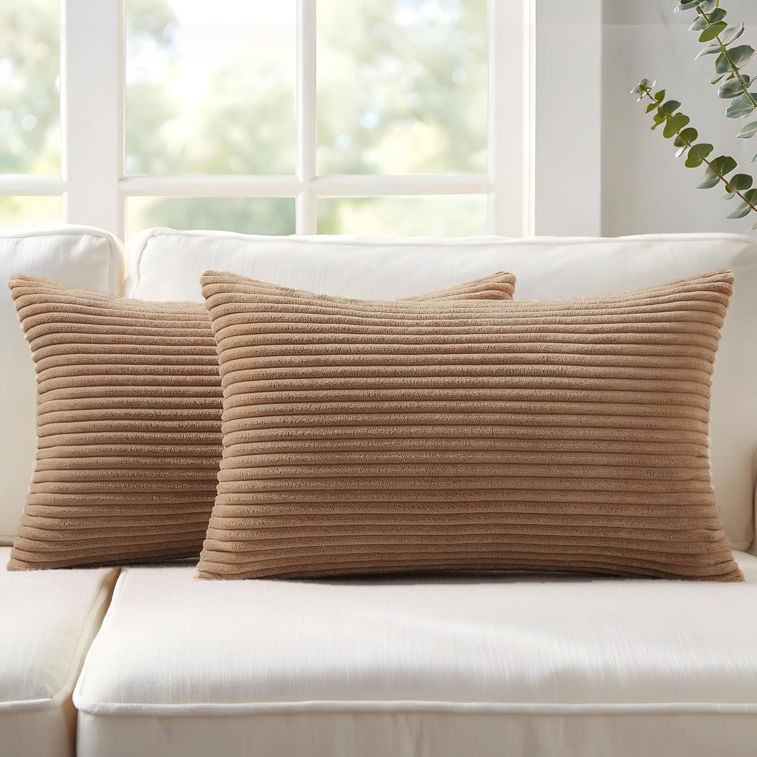 Corduroy Velvet Cushion Covers - Pack of 2 - Camel, 30cm x 50cm
