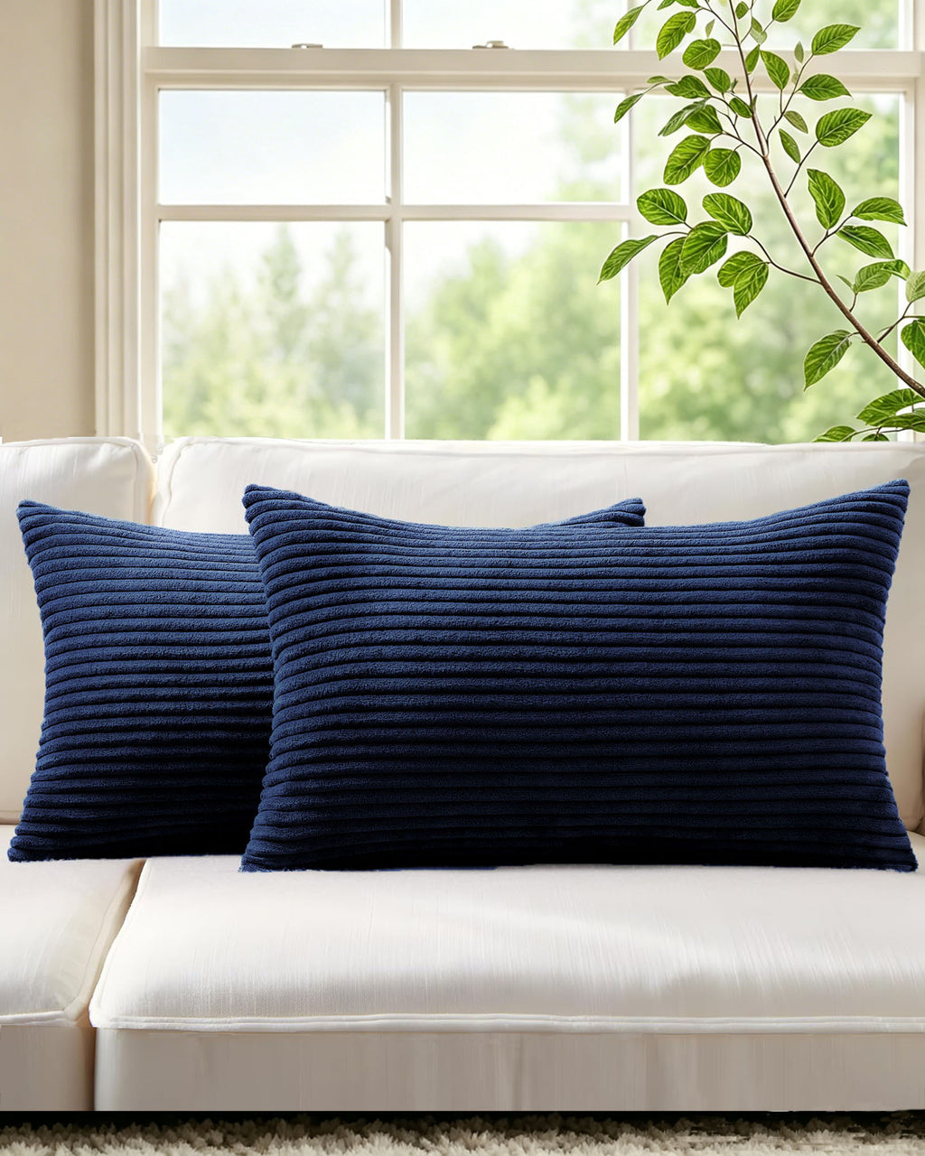 Corduroy Velvet Cushion Covers - Pack of 2 - Navy Blue, 30cm x 50cm