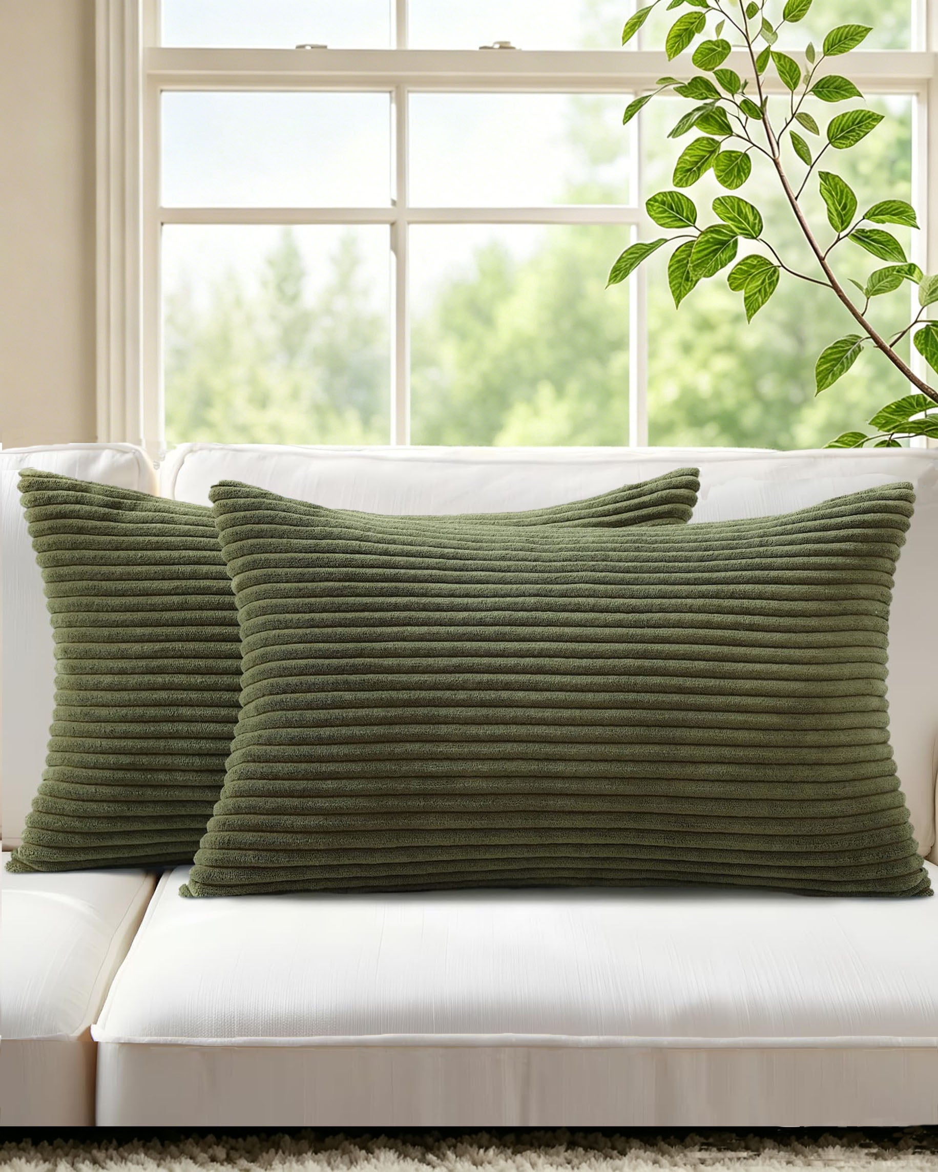 Corduroy Velvet Cushion Covers - Pack of 2 - Olive, 30cm x 50cm