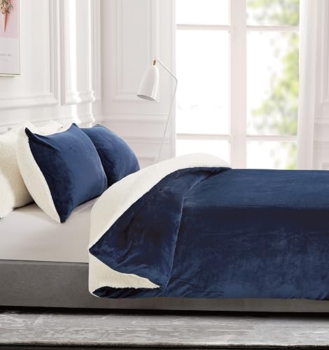 2-in-1 Teddy Sherpa Quilt Cover Set & Blanket - Navy Blue