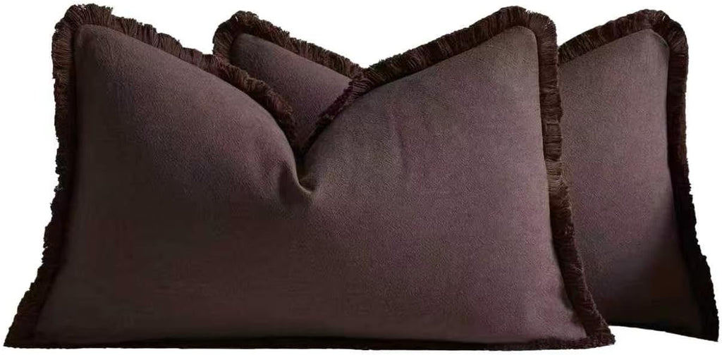 Linen-Cotton Cushion Covers with Tassels, Set of 2, Dark Brown, 30x50cm