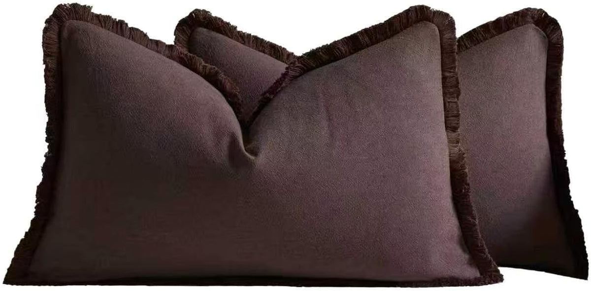 Linen-Cotton Cushion Covers with Tassels, Set of 2, Dark Brown, 30x50cm