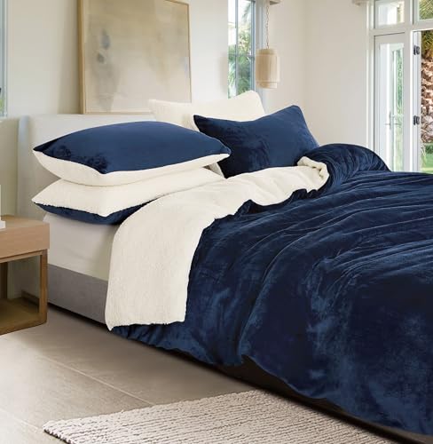 2-in-1 Teddy Sherpa Quilt Cover Set & Blanket - Navy Blue