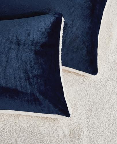 2-in-1 Teddy Sherpa Quilt Cover Set & Blanket - Navy Blue
