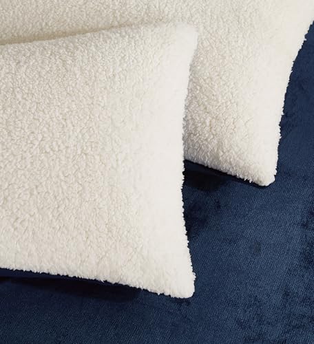 2-in-1 Teddy Sherpa Quilt Cover Set & Blanket - Navy Blue