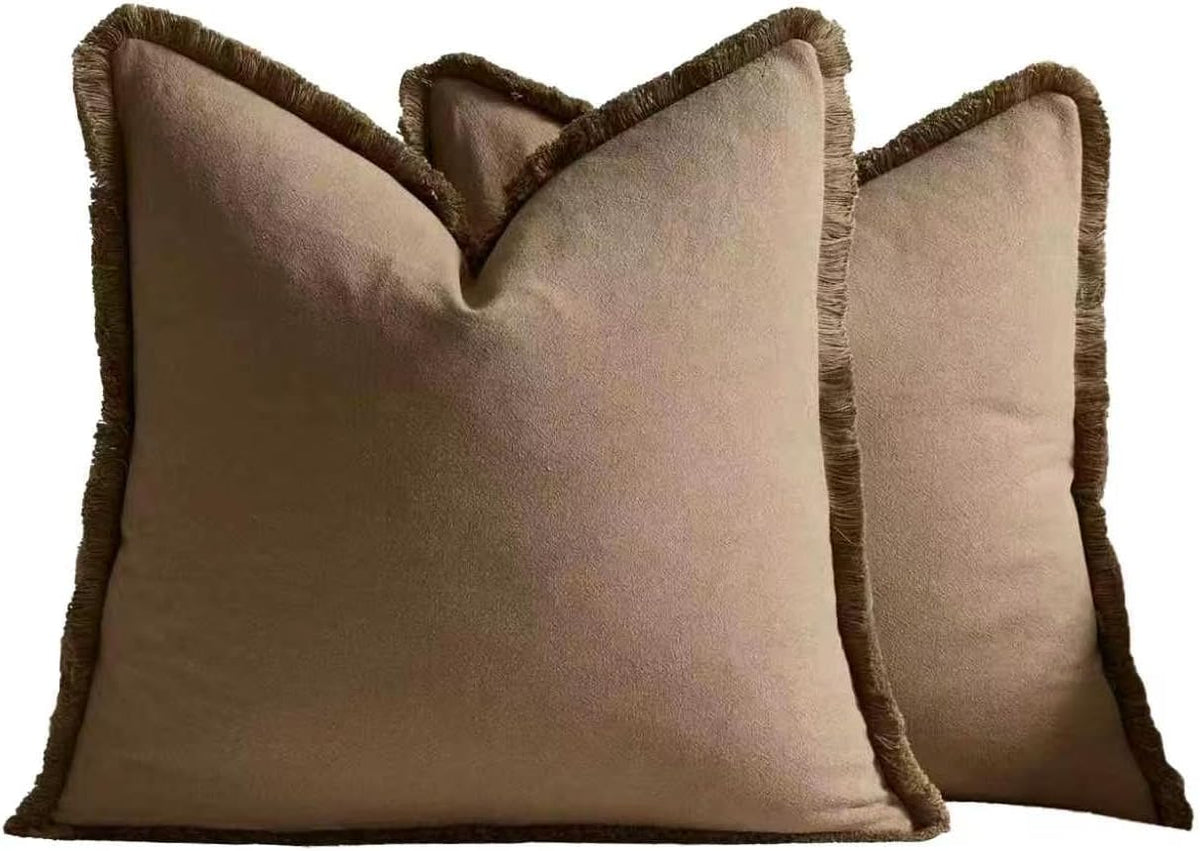 Linen-Cotton Cushion Covers with Tassels, Set of 2, Taupe, 45x45cm