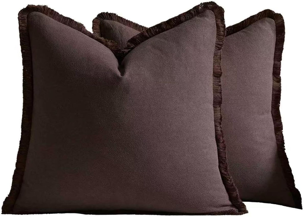 Linen-Cotton Cushion Covers with Tassels, Set of 2, Dark Brown, 45x45cm