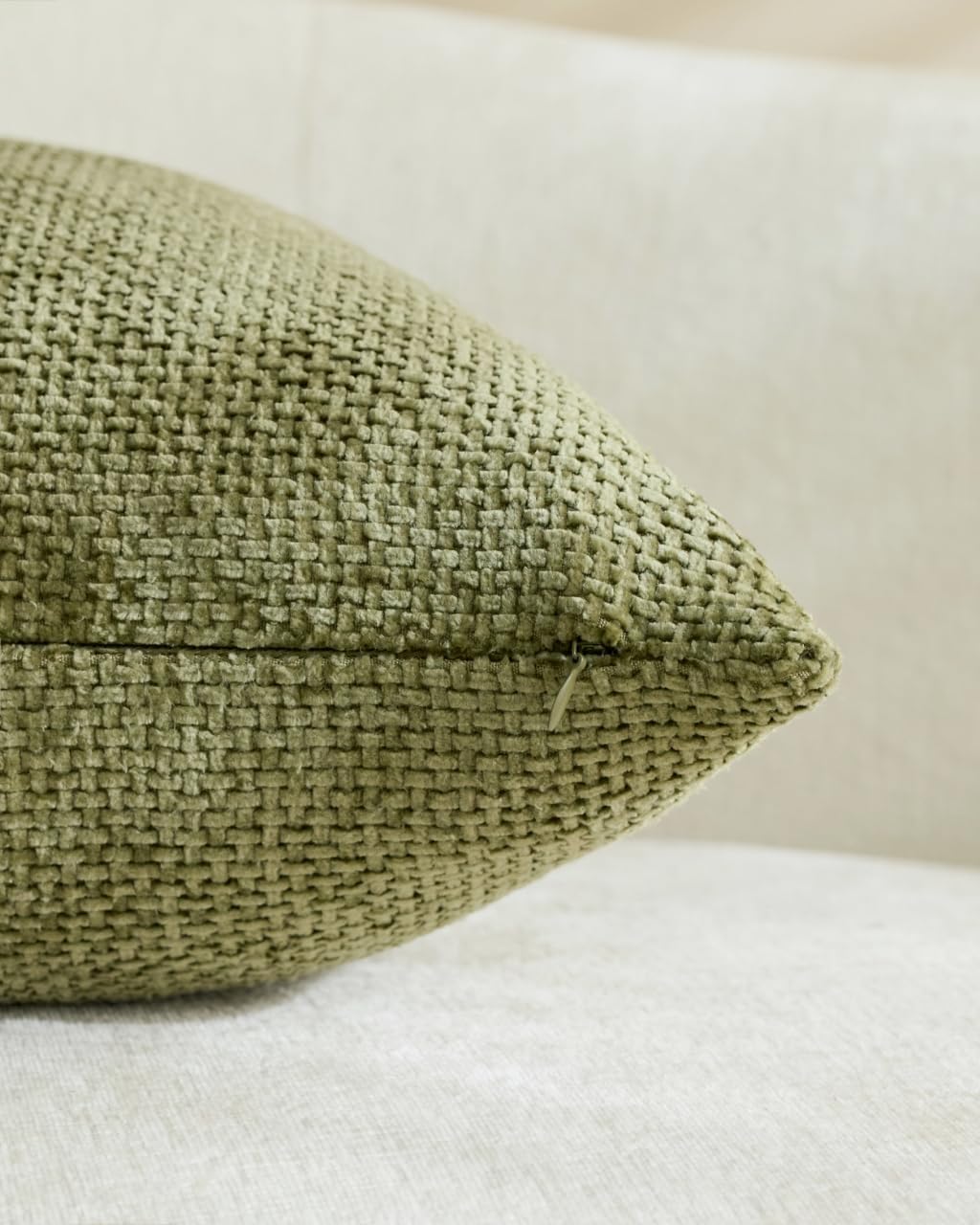 Chenille Grid Cushion Covers - Pack of 2 - Olive Green, 30cm x 50cm