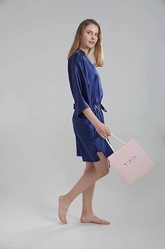 100% Pure Satin Silk Robe - Navy Blue