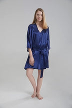 100% Pure Satin Silk Robe - Navy Blue