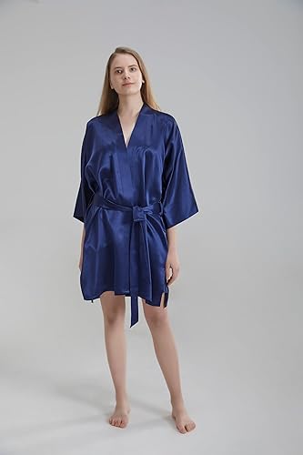 100% Pure Satin Silk Robe - Navy Blue