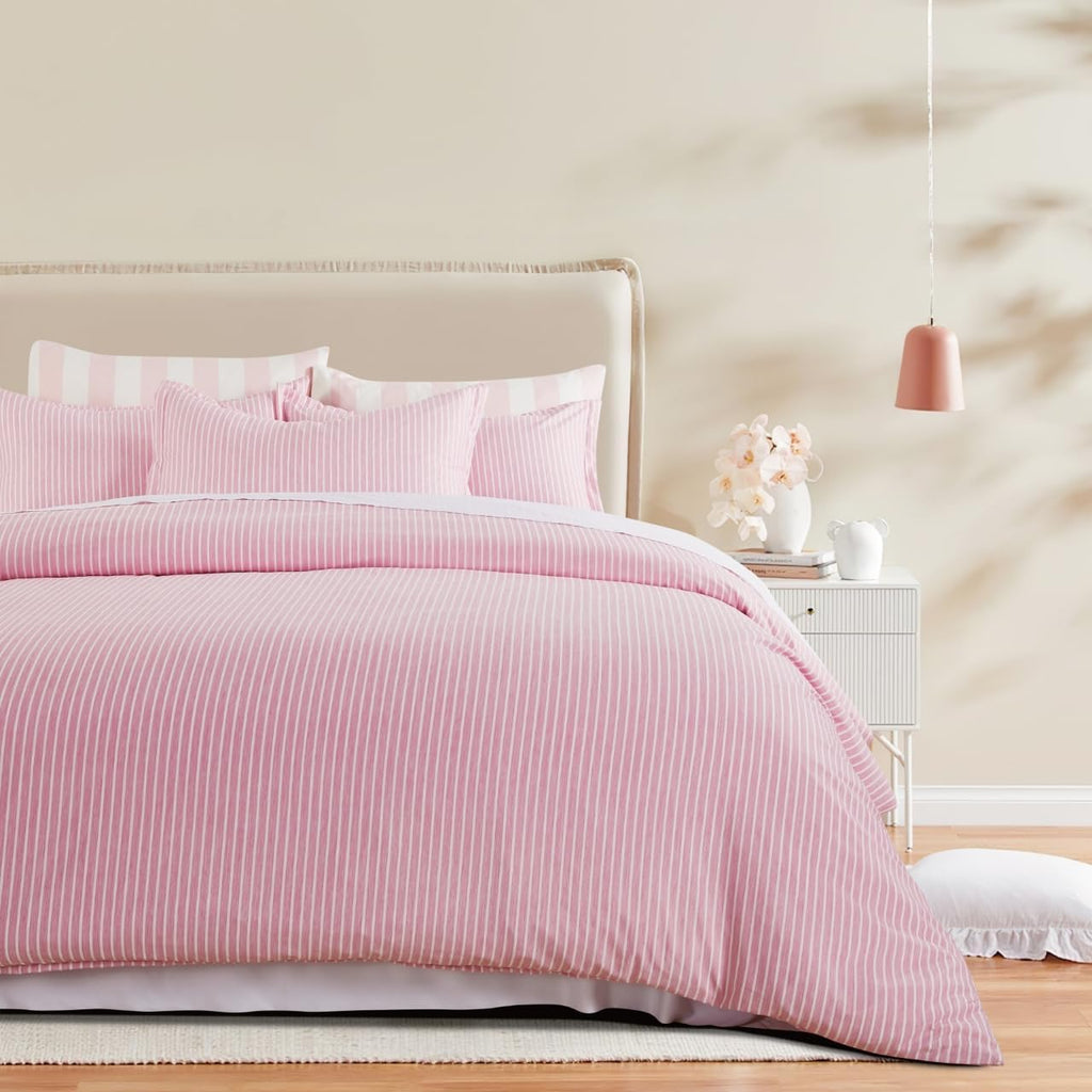 Yarn-Dyed Microfibre Stripe Quilt Cover Set - Pink