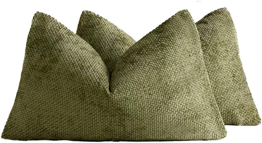 Chenille Grid Cushion Covers - Pack of 2 - Olive Green, 30cm x 50cm