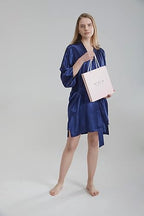 100% Pure Satin Silk Robe - Navy Blue