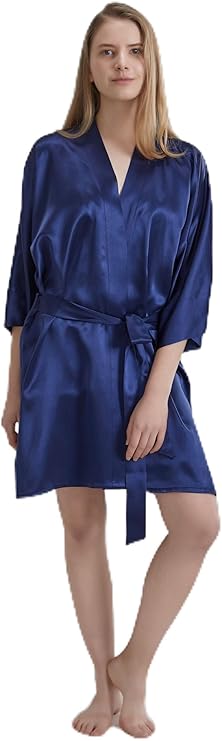 100% Pure Satin Silk Robe - Navy Blue