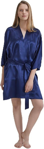 100% Pure Satin Silk Robe - Navy Blue