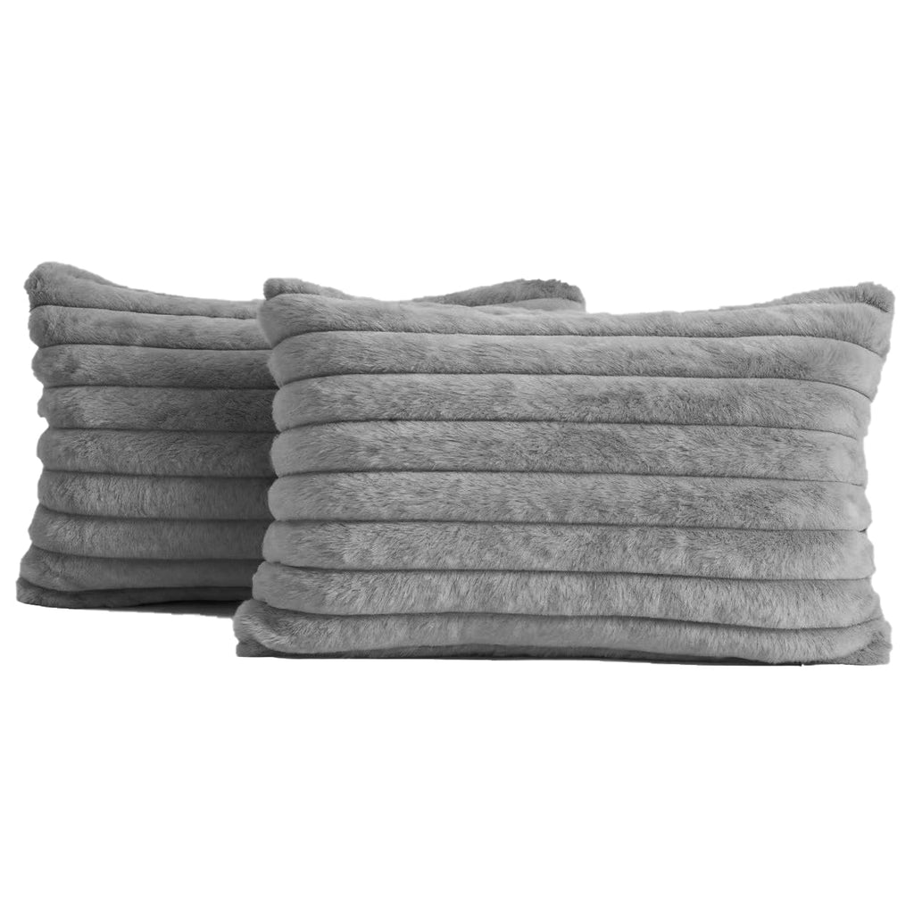 Faux Fur Cushion Covers - Twin-Pack - Grey - 30cm x 50cm