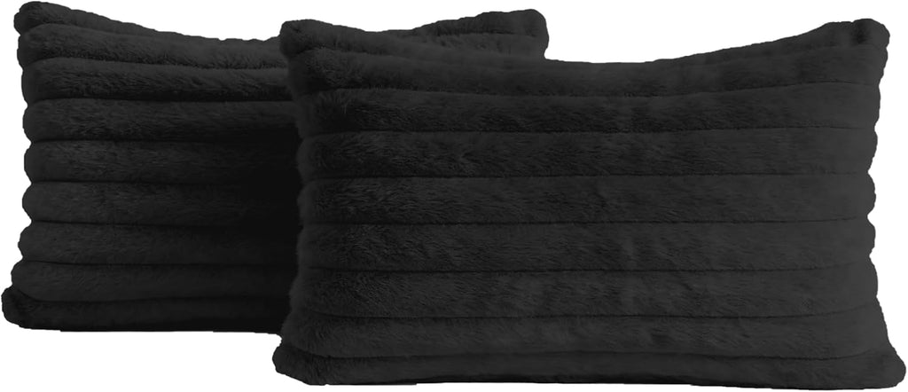 Faux Fur Cushion Covers - Twin-Pack - Black - 30cm x 50cm