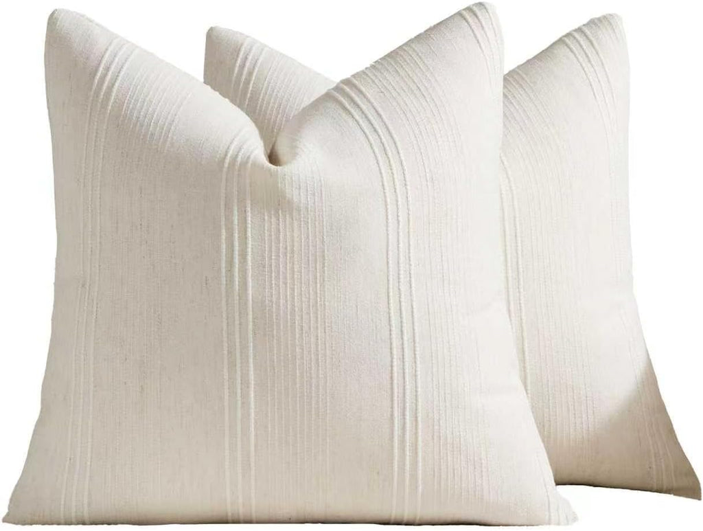 Linen Blend Striped Cushion Covers, Set of 2, Snow, 45x45cm
