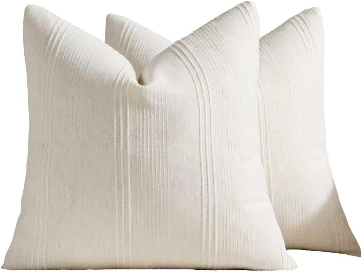 Linen Blend Striped Cushion Covers, Set of 2, Snow, 45x45cm