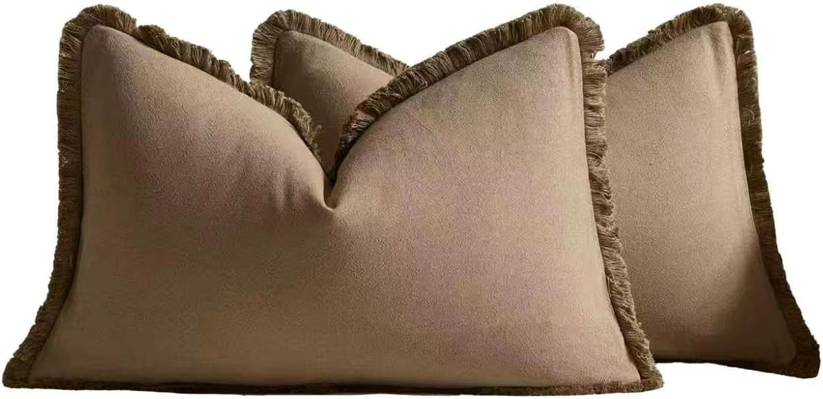 Linen-Cotton Cushion Covers with Tassels, Set of 2, Taupe, 30x50cm