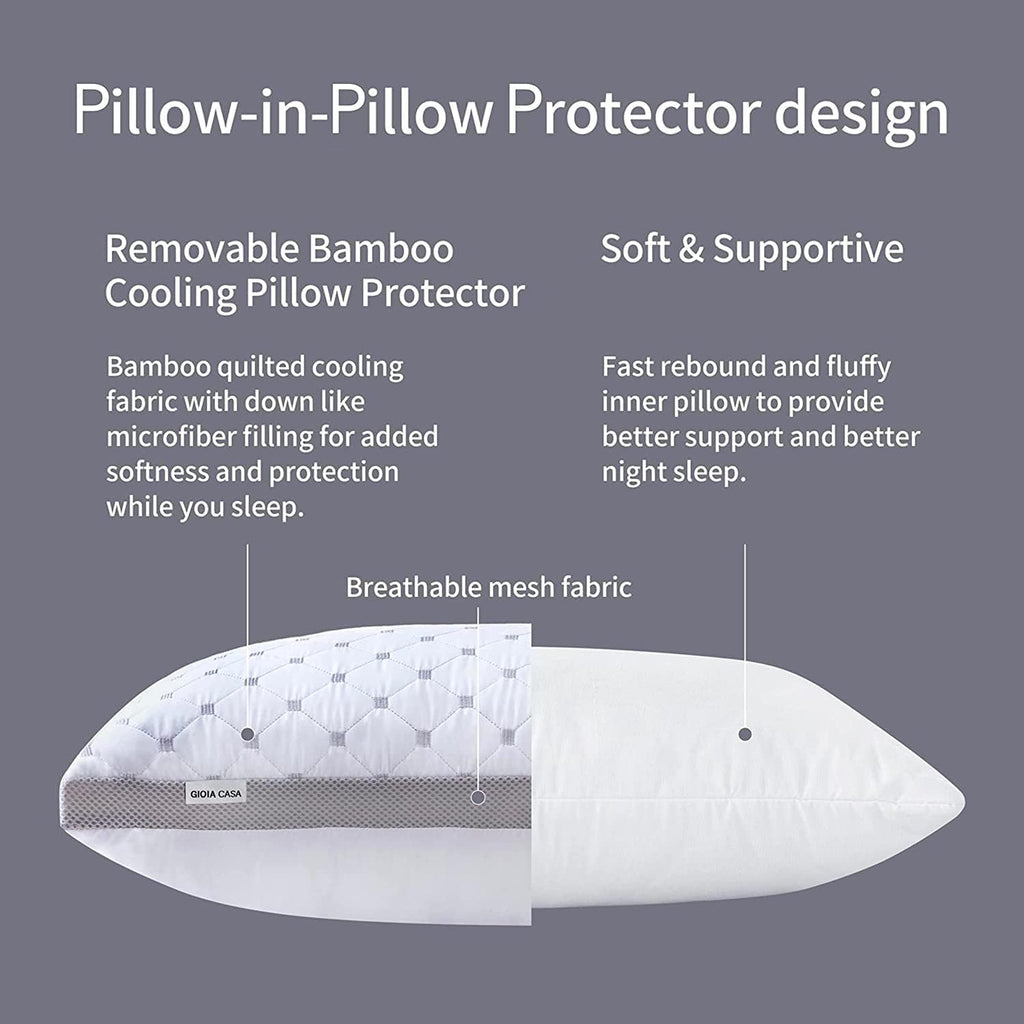Premium Twin-Pack Bamboo Cooling Plush Down-Like Pillows - Medium to High Profile (2 Pcs) - with Free 2 Quilted Pillow Protectors