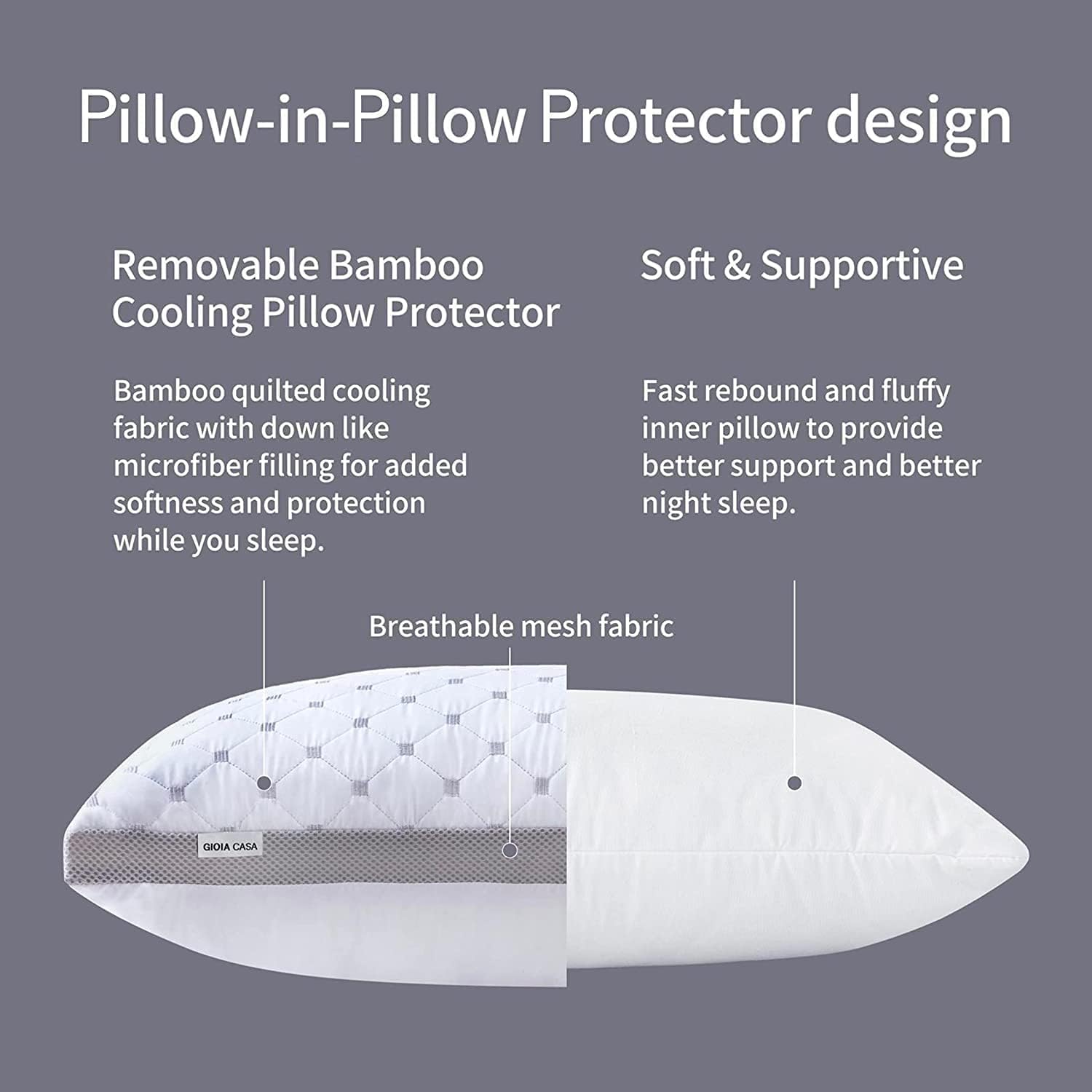 Premium Twin-Pack Bamboo Cooling Plush Down-Like Pillows - Medium to High Profile (2 Pcs) - with Free 2 Quilted Pillow Protectors