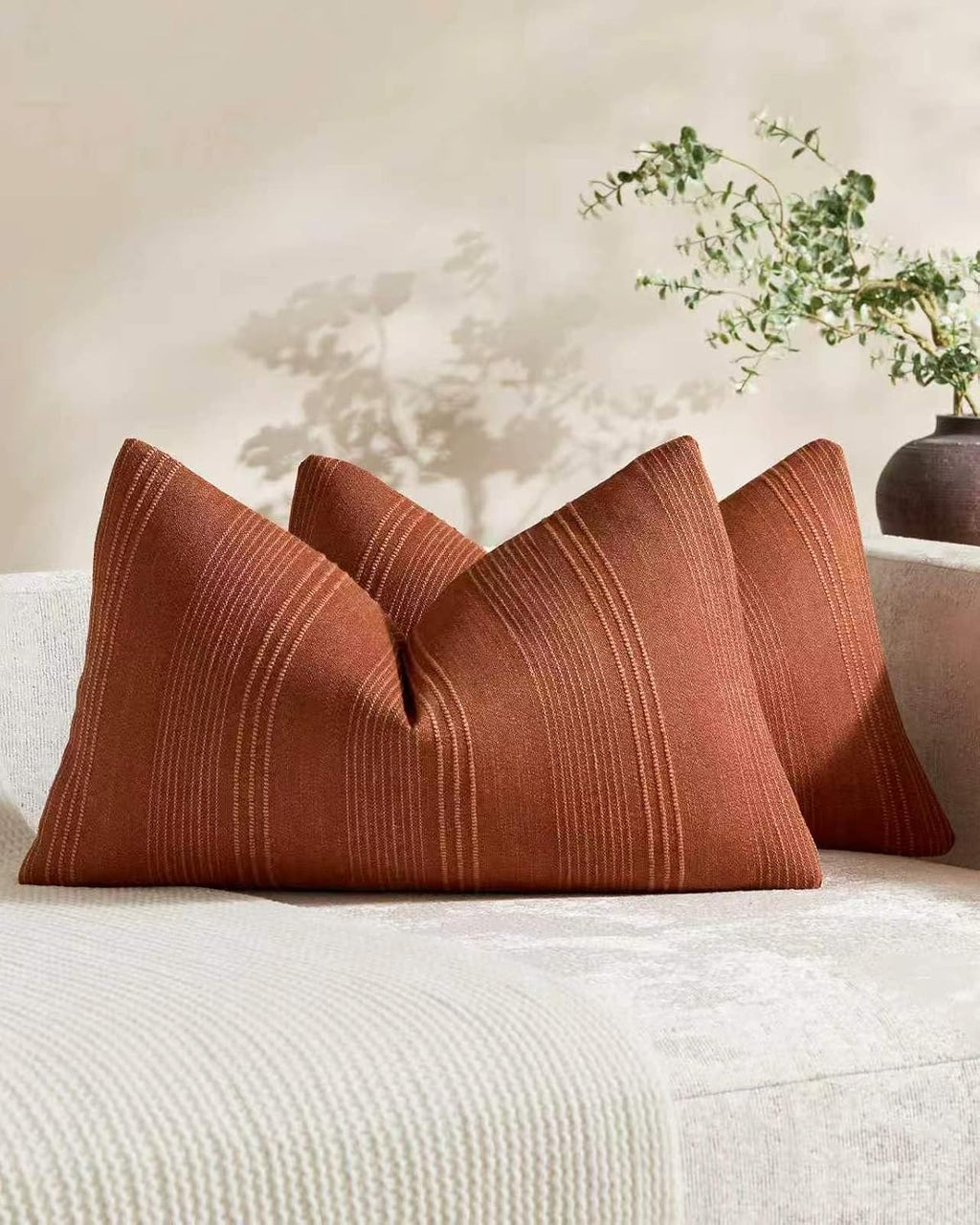 Linen Blend Striped Cushion Covers, Set of 2, Terracotta, 30x50cm