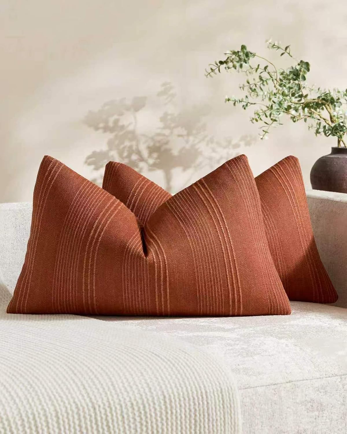 Linen Blend Striped Cushion Covers, Set of 2, Terracotta, 30x50cm