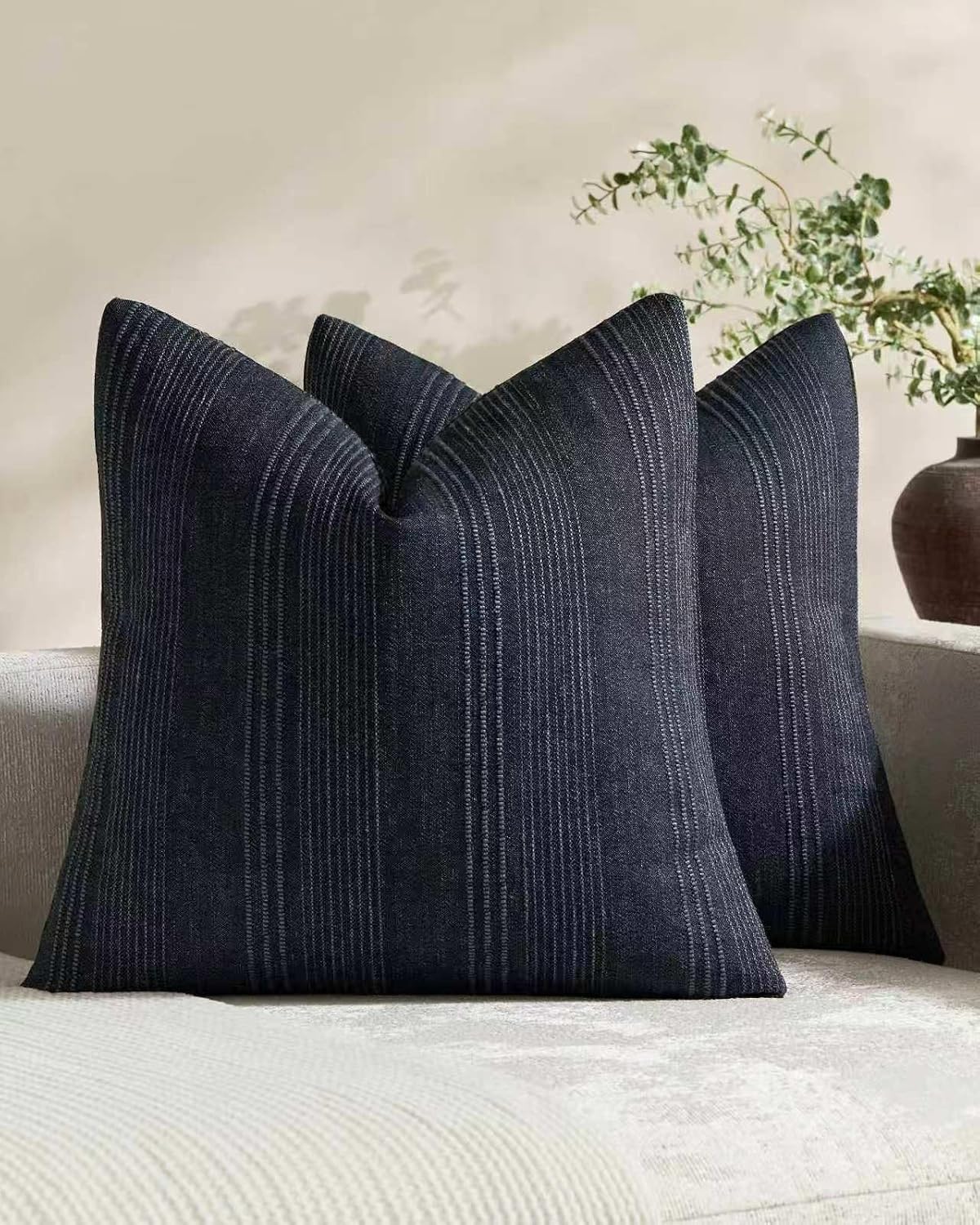 Linen Blend Striped European Pillowcases, Set of 2, Blue, 65x65cm