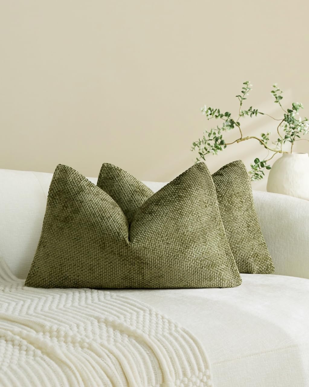 Chenille Grid Cushion Covers - Pack of 2 - Olive Green, 30cm x 50cm