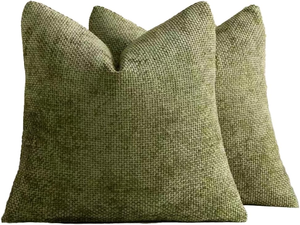 Chenille Grid Cushion Covers - Pack of 2 - Olive Green, 45cm x 45cm