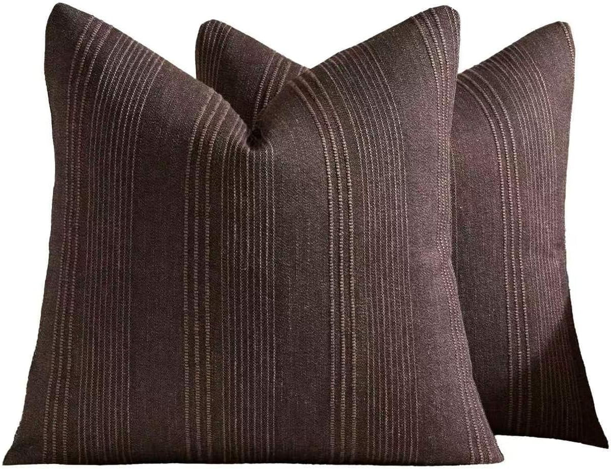 Linen Blend Striped Cushion Covers, Set of 2, Dark Brown, 45x45cm