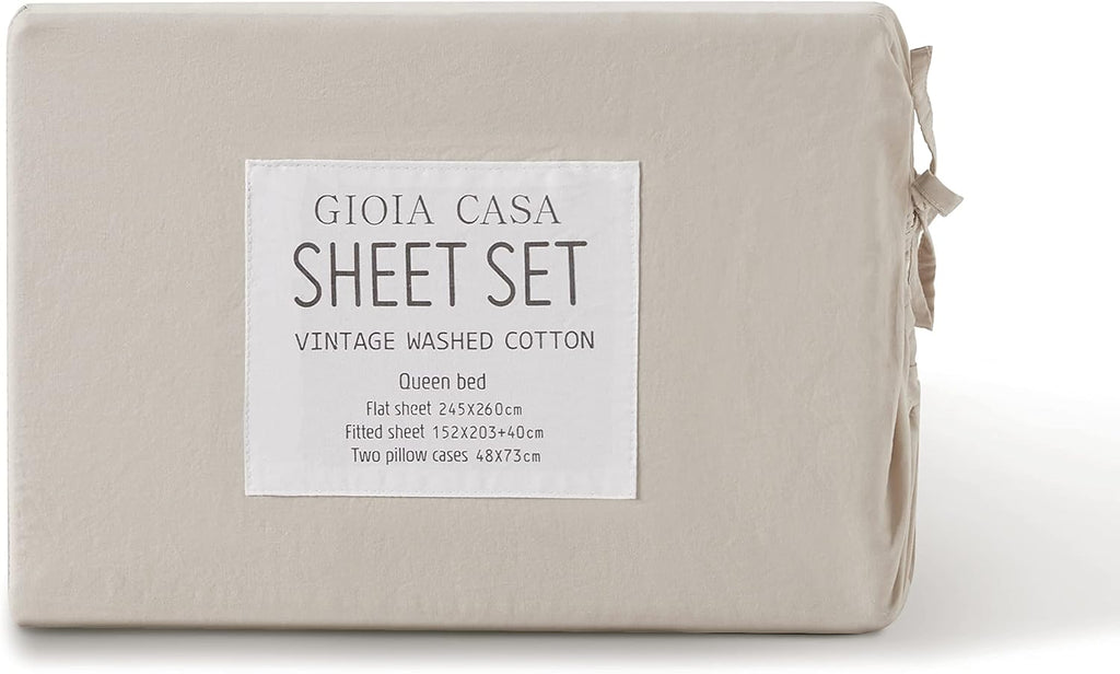 Vintage Washed Cotton Sheet Set with Matching Pillowcases - Natural