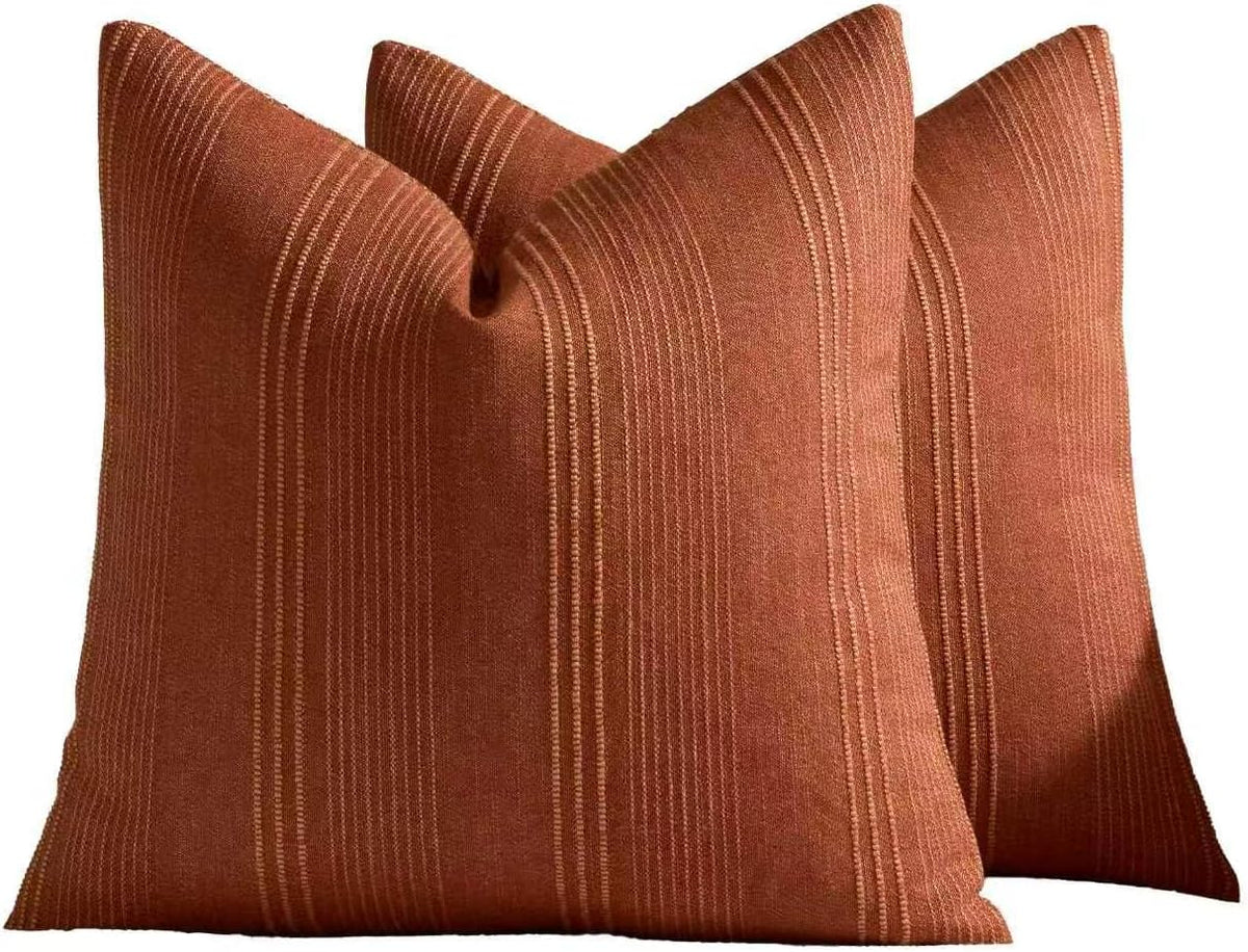 Linen Blend Striped European Pillowcases, Set of 2, Terracotta, 65x65cm