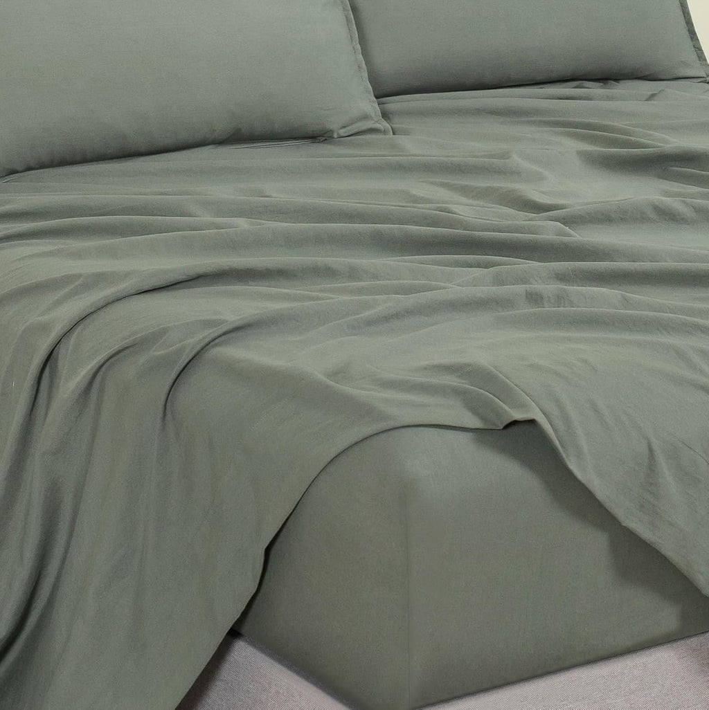 Vintage Washed Microfibre Sheet Set with Pillowcases - Khaki Green