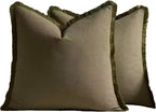 Linen-Cotton Cushion Covers with Tassels, Set of 2, Olive, 45x45cm