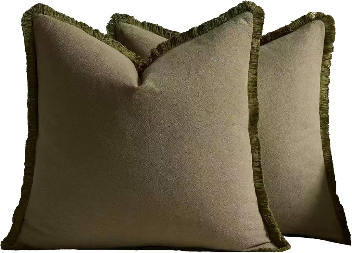 Linen-Cotton Cushion Covers with Tassels, Set of 2, Olive, 45x45cm