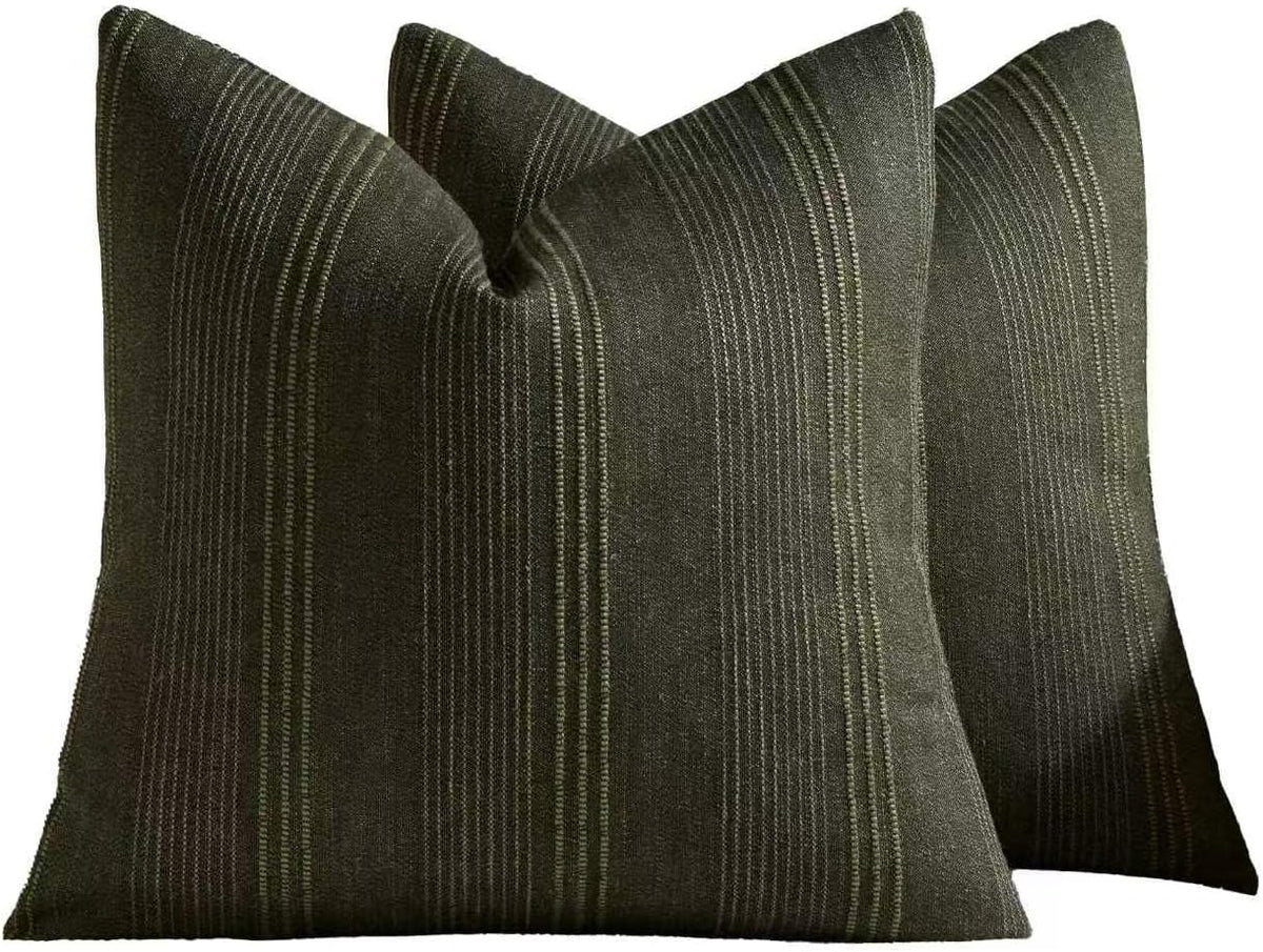 Linen Blend Striped Cushion Covers, Set of 2, Olive, 45x45cm