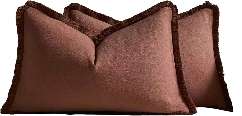 Linen-Cotton Cushion Covers with Tassels, Set of 2, Cocoa, 30x50cm