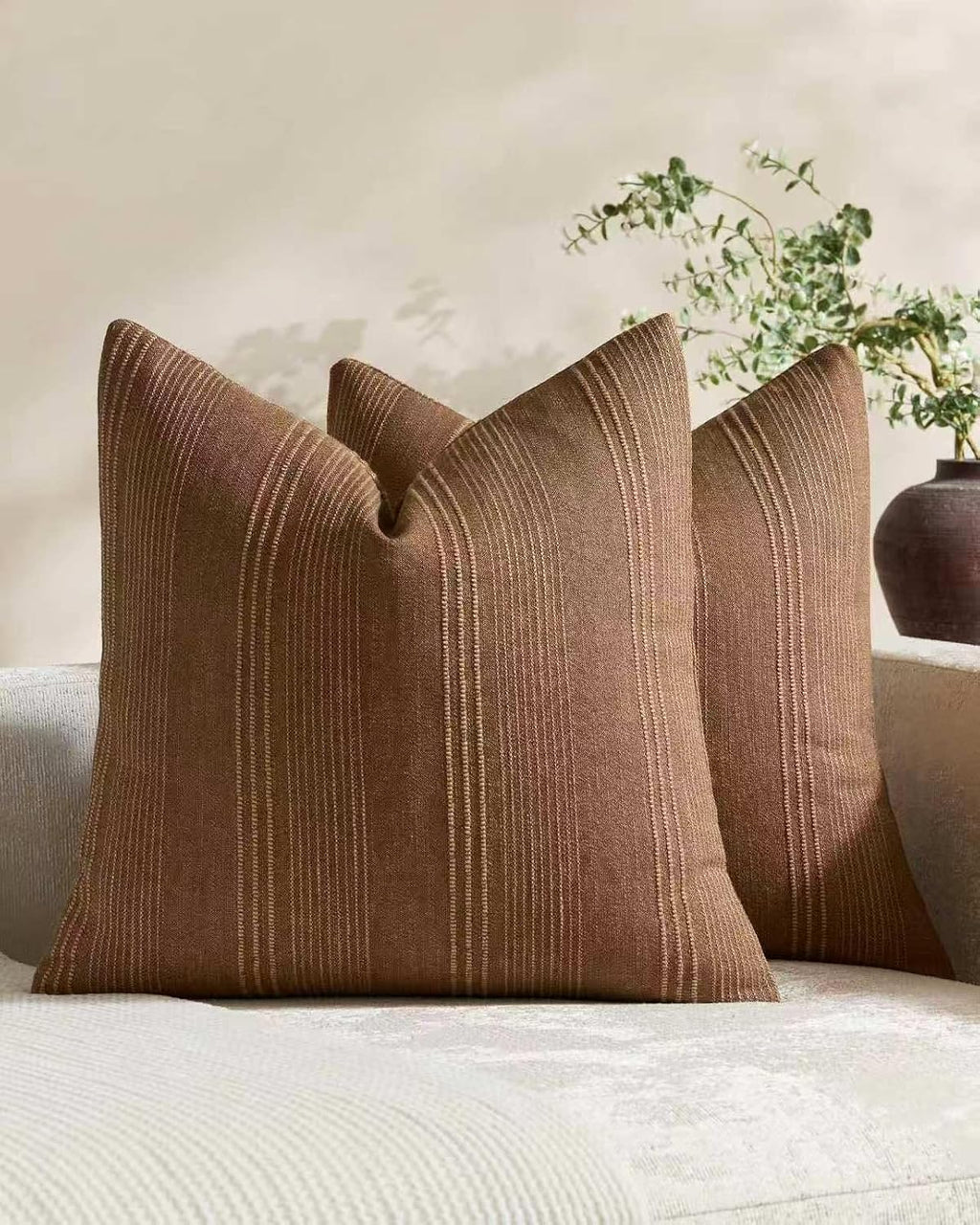 Linen Blend Striped Cushion Covers, Set of 2, Tobacco, 45x45cm