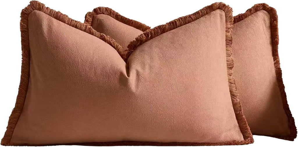 Linen-Cotton Cushion Covers with Tassels, Set of 2, Terracotta, 30x50cm