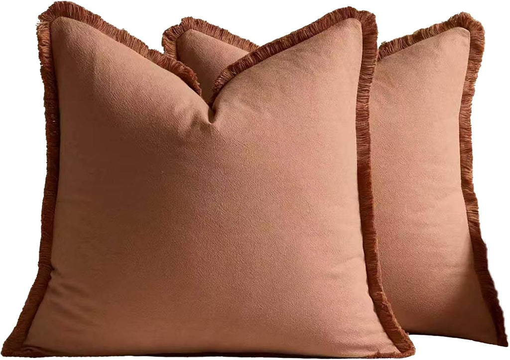 Linen-Cotton Cushion Covers with Tassels, Set of 2, Terracotta, 45x45cm