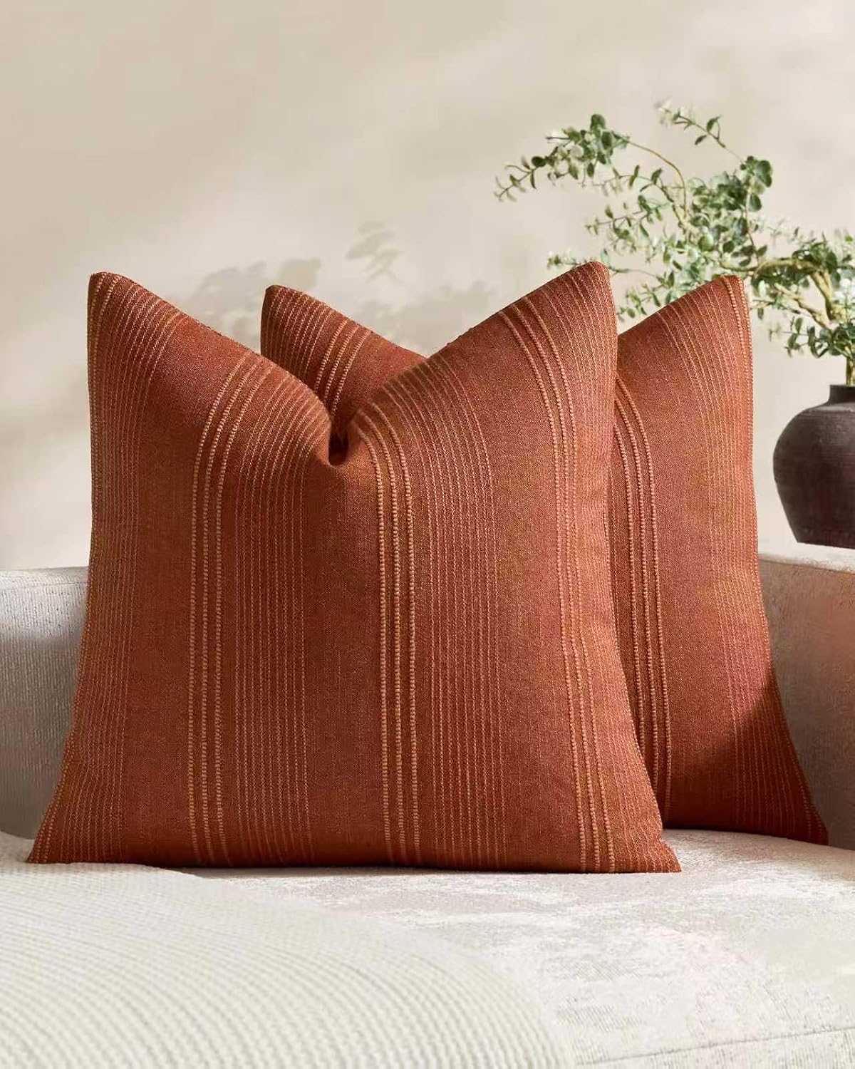 Linen Blend Striped Cushion Covers, Set of 2, Terracotta, 45x45cm