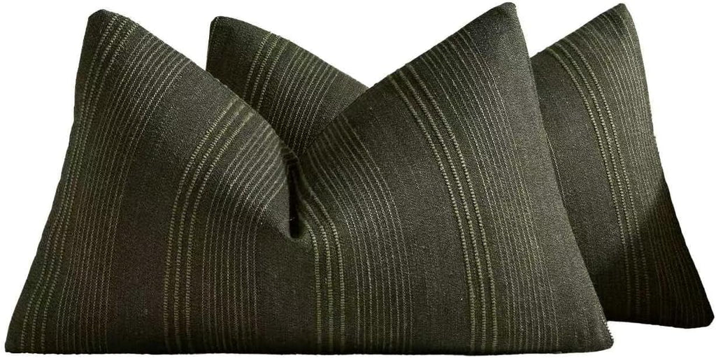 Linen Blend Striped Cushion Covers, Set of 2, Olive, 30x50cm