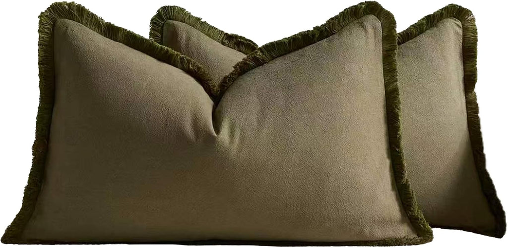 Linen-Cotton Cushion Covers with Tassels, Set of 2, Olive, 30x50cm