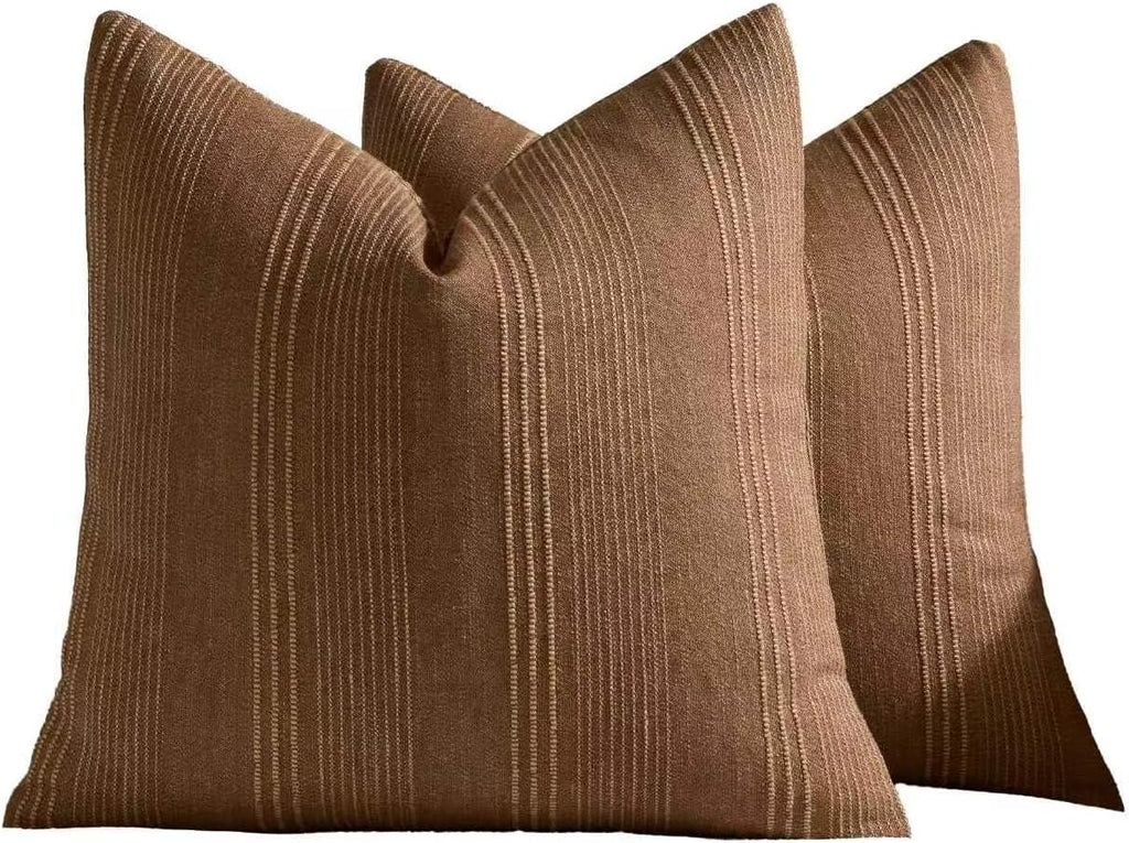 Linen Blend Striped Cushion Covers, Set of 2, Tobacco, 45x45cm