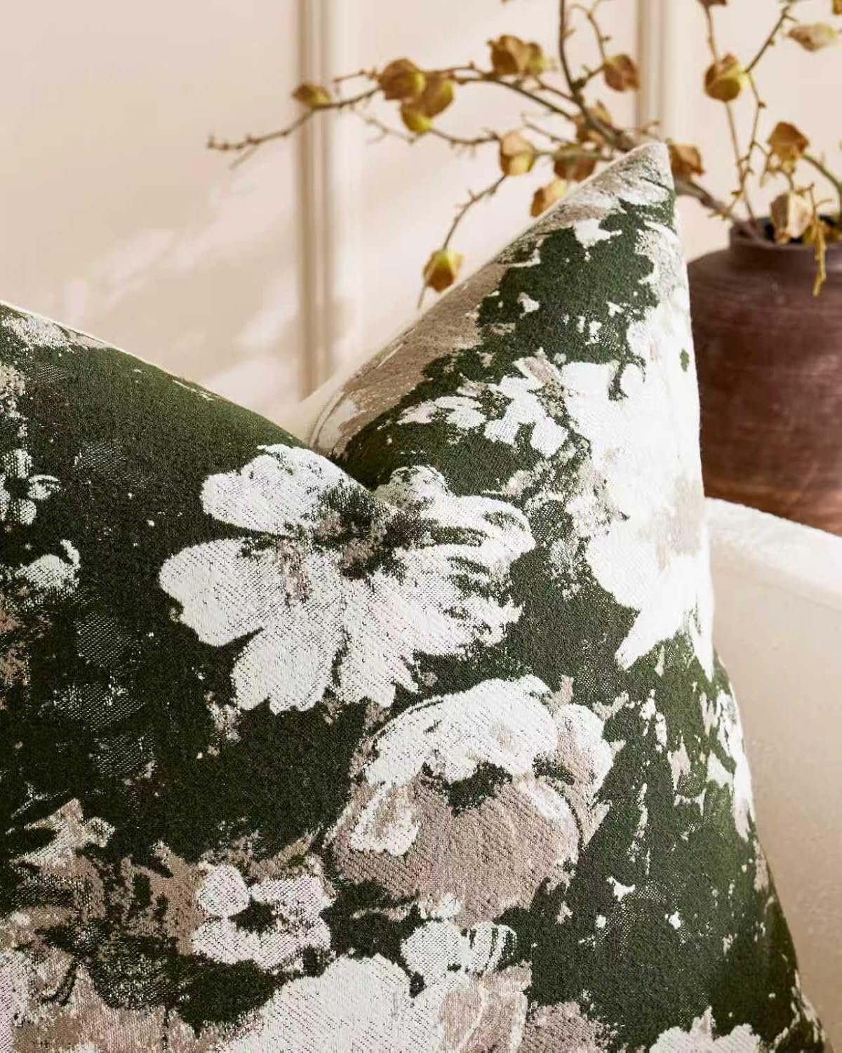Vintage Floral Chenille Cushion Covers - Twin-Pack - Moss Green, 45cm x 45cm