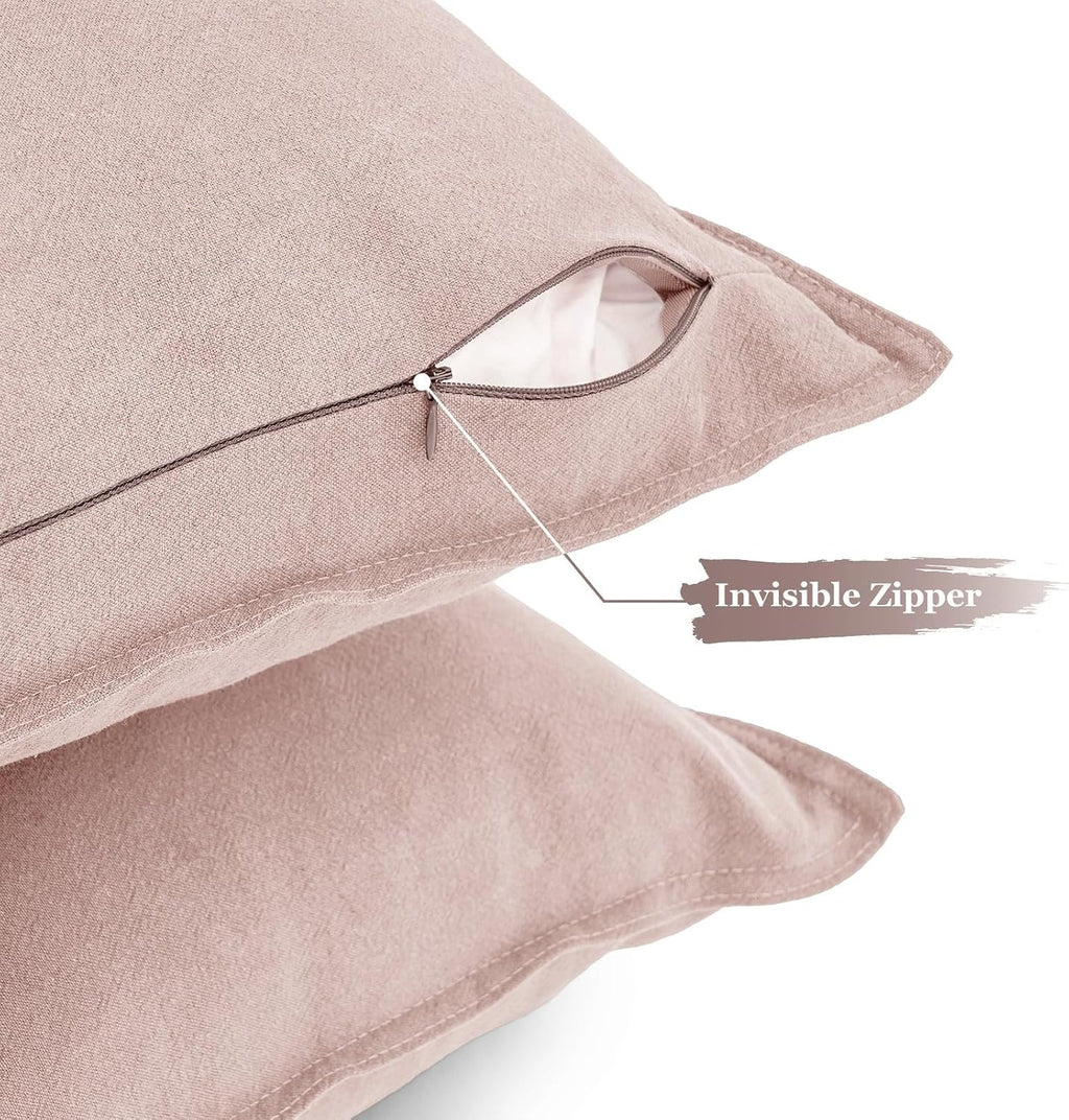Linen-Cotton European Pillowcases - Soft & Breathable with Hidden Zipper Design - Pink, 65x65cm